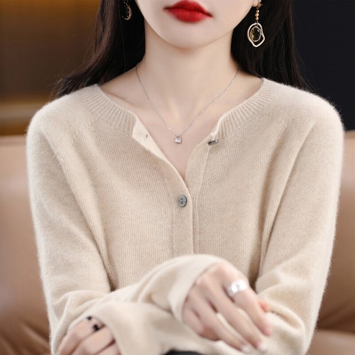 100% Wool Knitting Cardigan Womens Loose Outwear Long Sleeve Button Up Knitwear