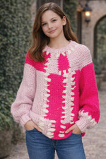 NWT Listicle Women's Pink Color Block Chunky Yarn Sweater Magenta Size L