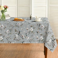 Spring Tablecloth 60 84 Inch Rectangular, Gray Magnolia Flower Birds Branch W...