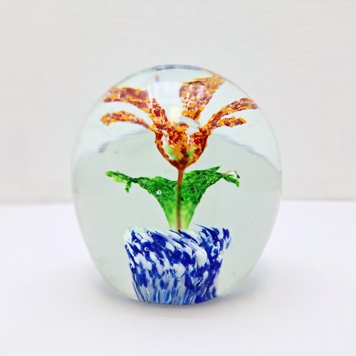 Vintage Clear Glass Oval Shaped Paperweight Potted Red Yellow Lily Flower 4"