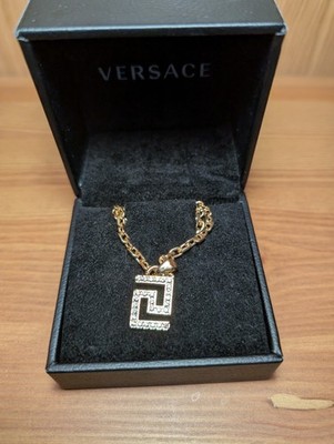 Versace Necklace Pendant Greca Crystal 48cm Gold Tone Authentic