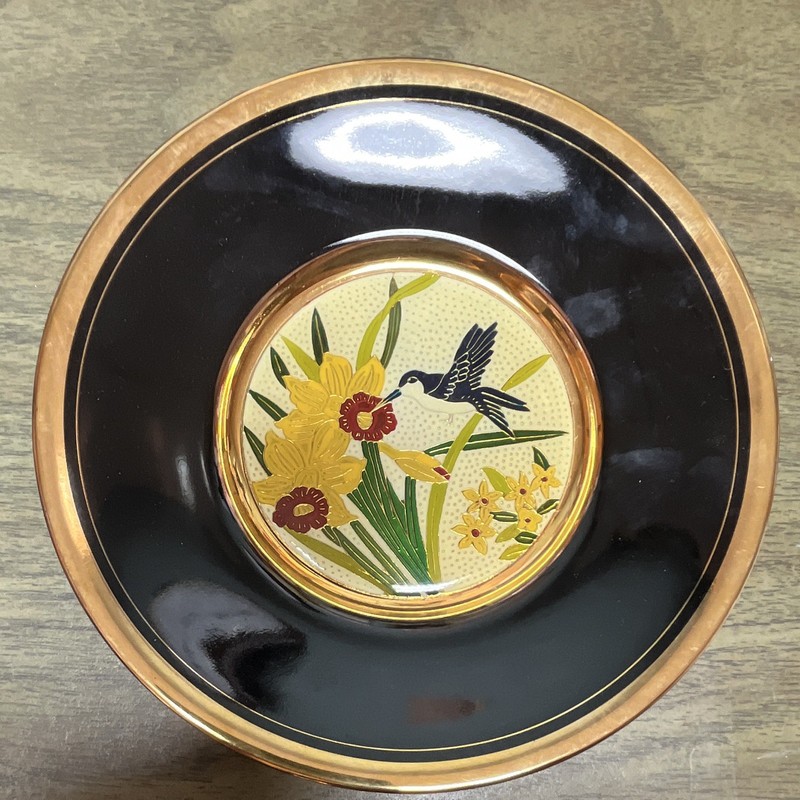 Round Glossy Ceramic Decorative Plate, Black & Gold Floral Bird Center