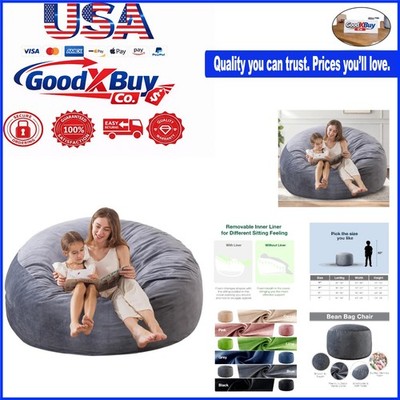 Grey Velvet Bean Bag Chair 3FT Memory Foam Support Casual Lounge Furniture fo...