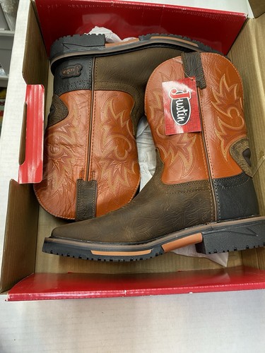 Mens Justin Boots Size 10 1/2D Joist Work Square Toe Rustic Barnwood Orange New - Picture 7 of 10