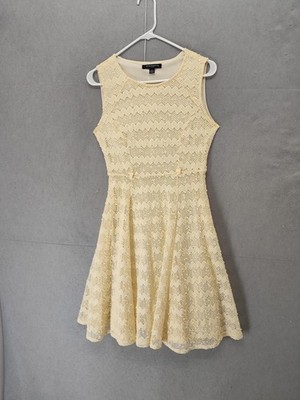 Sharagano Dress Womens 4 Cream Sleeveless Fit Flare Lace Overlay Textured Party