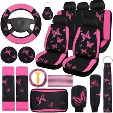 Pink Butterfly Car Seat Cover Set Front Rear Seat Belt Covers Cup Coasters