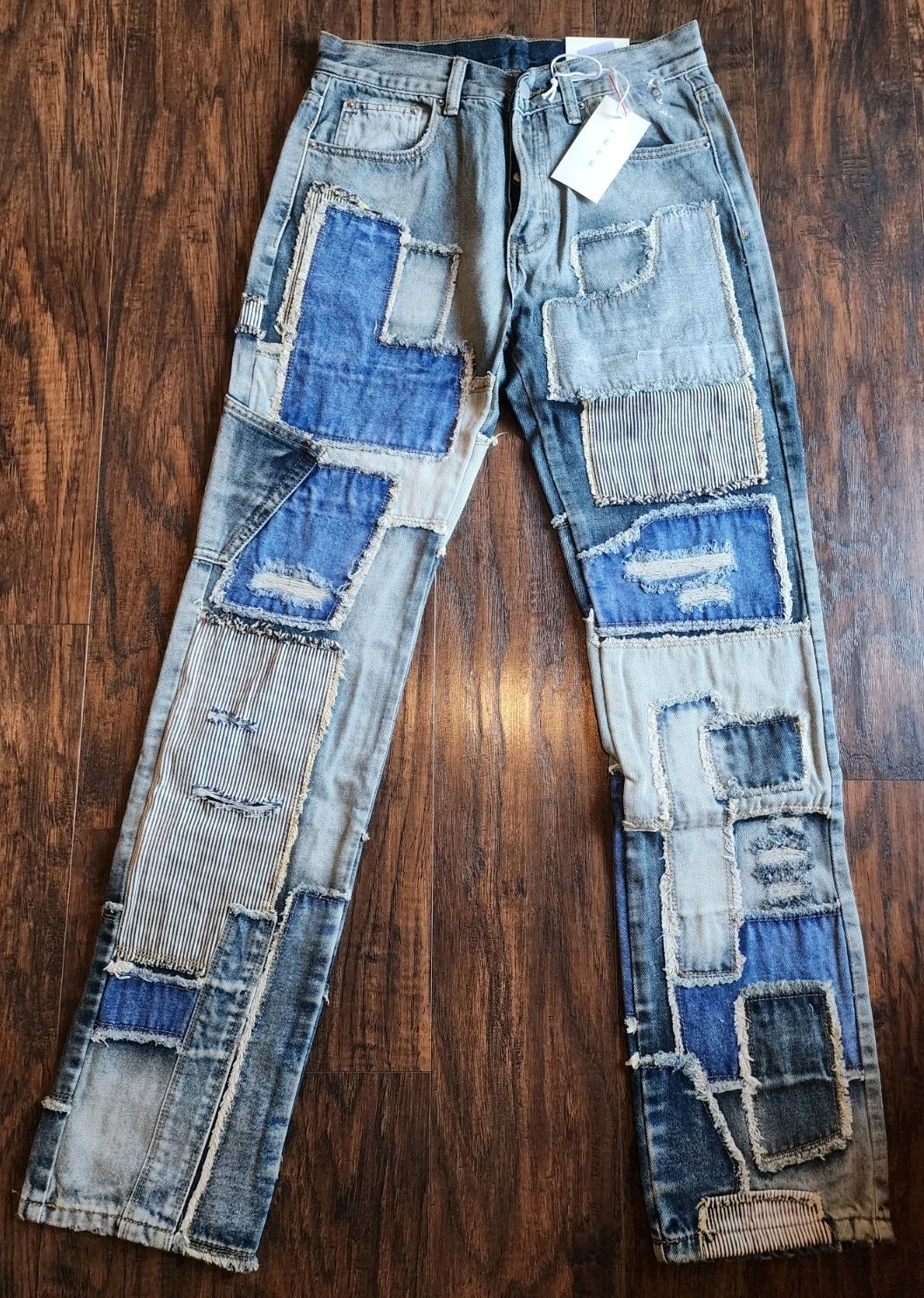 Mens 30 Blue Patchwork Distressed Light Wash Denim Pants Str