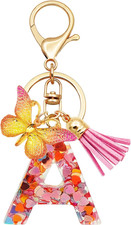 Initial Letter Keychains for Girls Women Pink Purple Green Cute Butterfly Heart