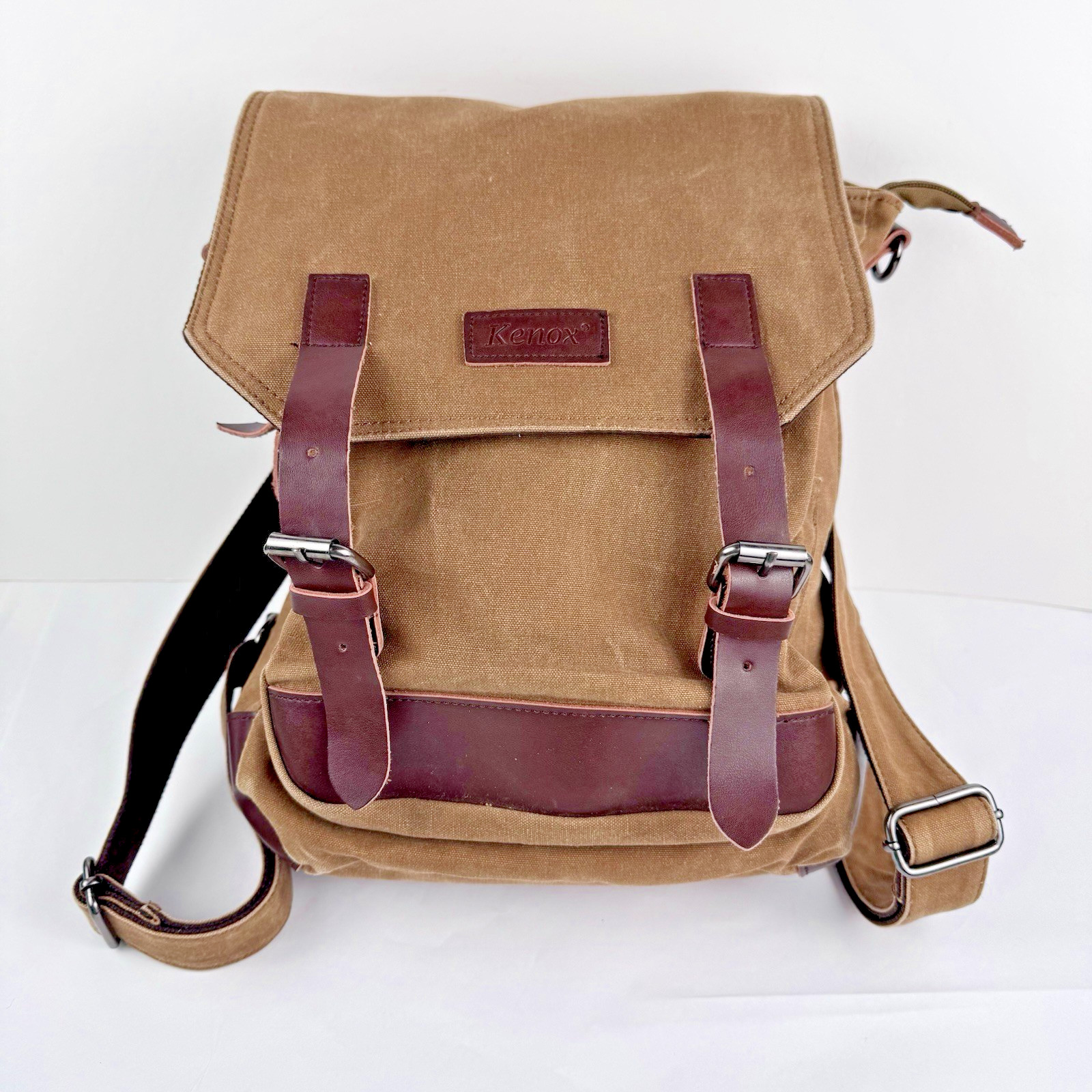 Kenox Backpack Canvas Leather Brown Rucksack Buckles Snaps Travel Bag