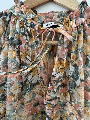 Sportscraft Floral Blouse Size 10 Sheer 3/4 Blouson Sleeve Tie Up Neck Draped - Picture 6 of 12