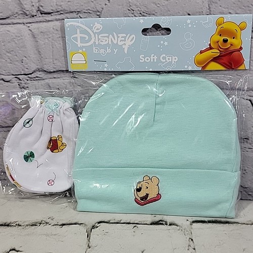 Disney Baby Winnie The Pooh Infant Soft Cap Lot With Mittens Green Yellow - Picture 2 of 5