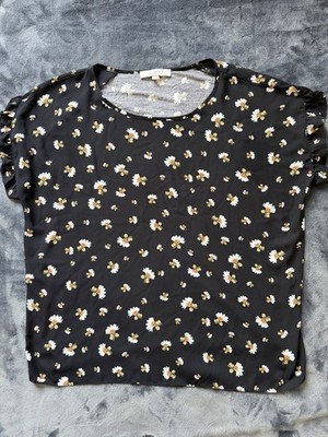 LOFT Clover Floral Ruffle Blouse - Black Daisy Print Flutter Top Size Xtra Large