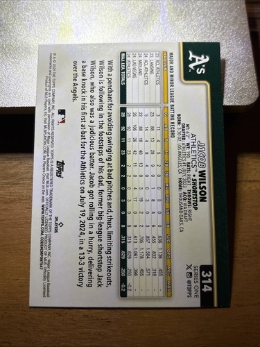 2025 Topps Serie 1 Baseball Jacob Wilson Base RC #314 Oakland Athletics - Bild 2 von 2