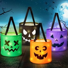 4 Pack Halloween Trick or Treat Bags, LED Light Up Pumpkin Candy Buckets