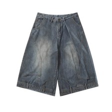 New Denim Mid-Pants American-Style Washed Shorts Men Loose and Wide-Leg