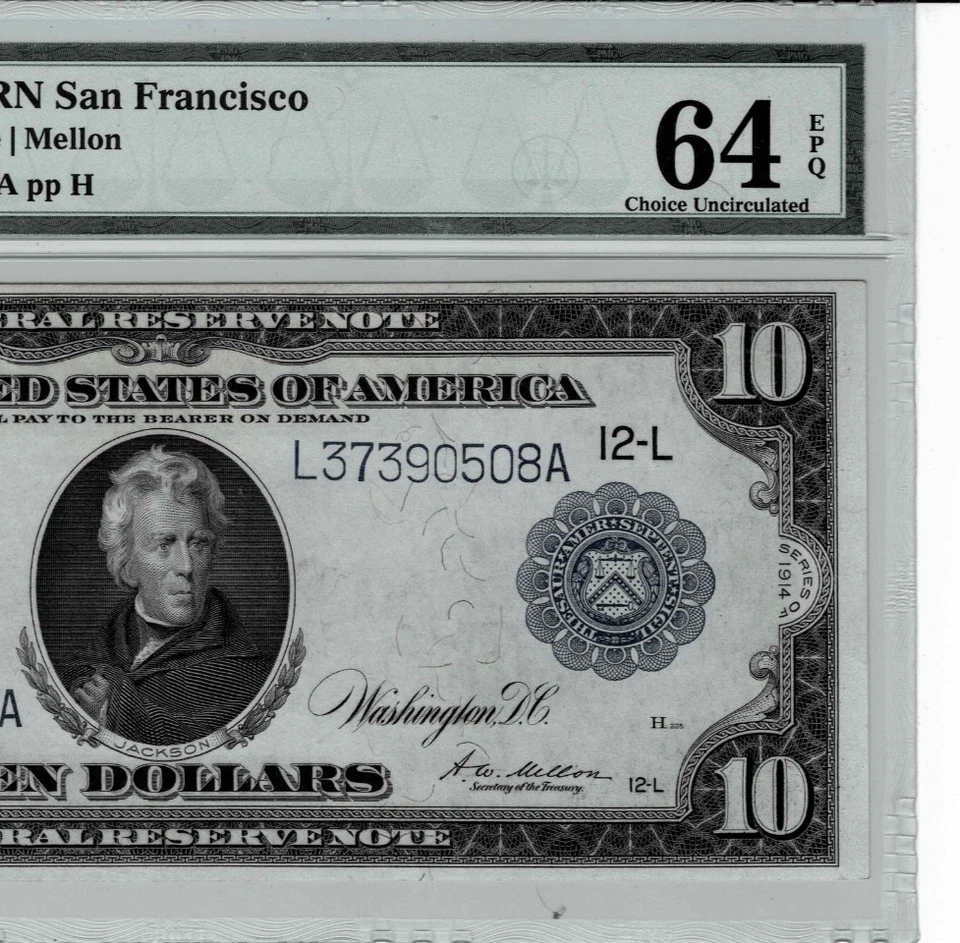 1914 $10 Federal Reserve note--fr.951a ( San Fran) -PMG CU 64 EPQ- only 9 finer - Image 4 of 4