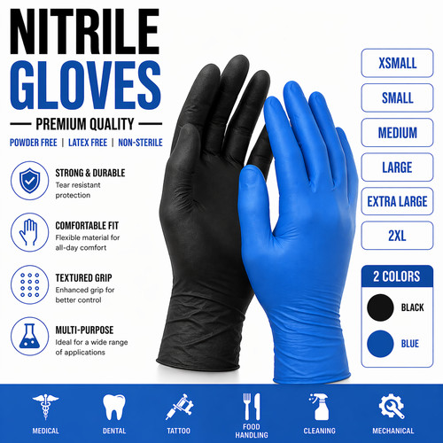 Black Blue Nitrile Gloves Disposable Powder Free Latex Free Medical Exam XS-2XL
