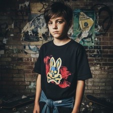 Psycho Bunny L 14/16 Kids Black Graphic T Shirt Cotton Logo Tee grunge skater
