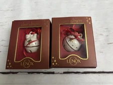 (2) Lenox JUST JINGLES 'JOY' Christmas Tree Bell White & Gold Holiday Ornament