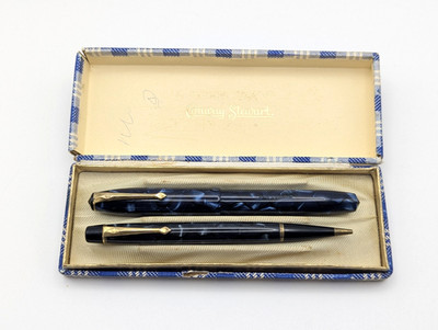 Vintage Conway Stewart 14 Set Blue Marble - 14ct Gold Nib Boxed & Fully Restored