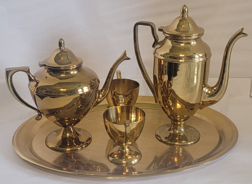 1930s DIRILYTE DIRIGOLD BRONZE REGAL COFFEE & TEA POTs with TRAY CREAMER & SUGAR