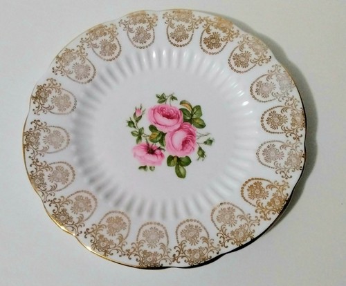Vintage Roslyn Pink Rose Golden Filigree Scalloped Border Saucer & Side Plate - Picture 6 of 10