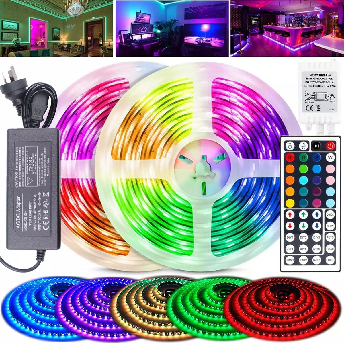 1M 30M RGB LED Strip Lights 5050 SMD Waterproof 12V 44Keys IR Controller Adapter