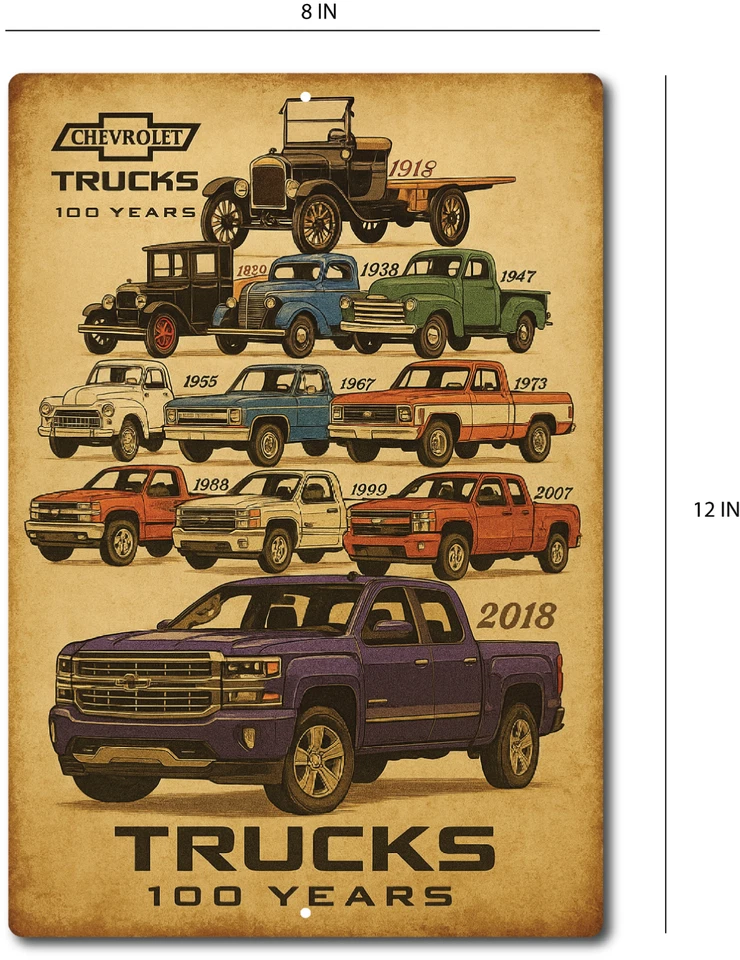 Truck History Sign 100 Years of Chevy Trucks Vintage Look  Bar Workshop Garage - Image 2 of 4