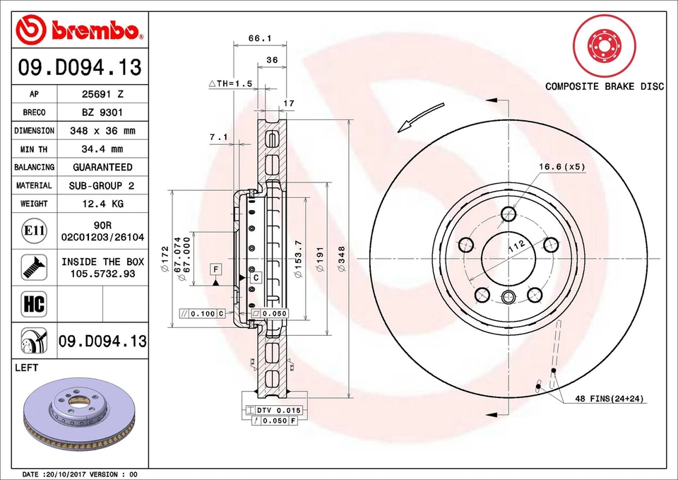 Rotor de freno de disco delantero izquierdo Brembo 09.D094.13 348 mm para BMW X3/X4 2019-2022 Foto 3 de 4