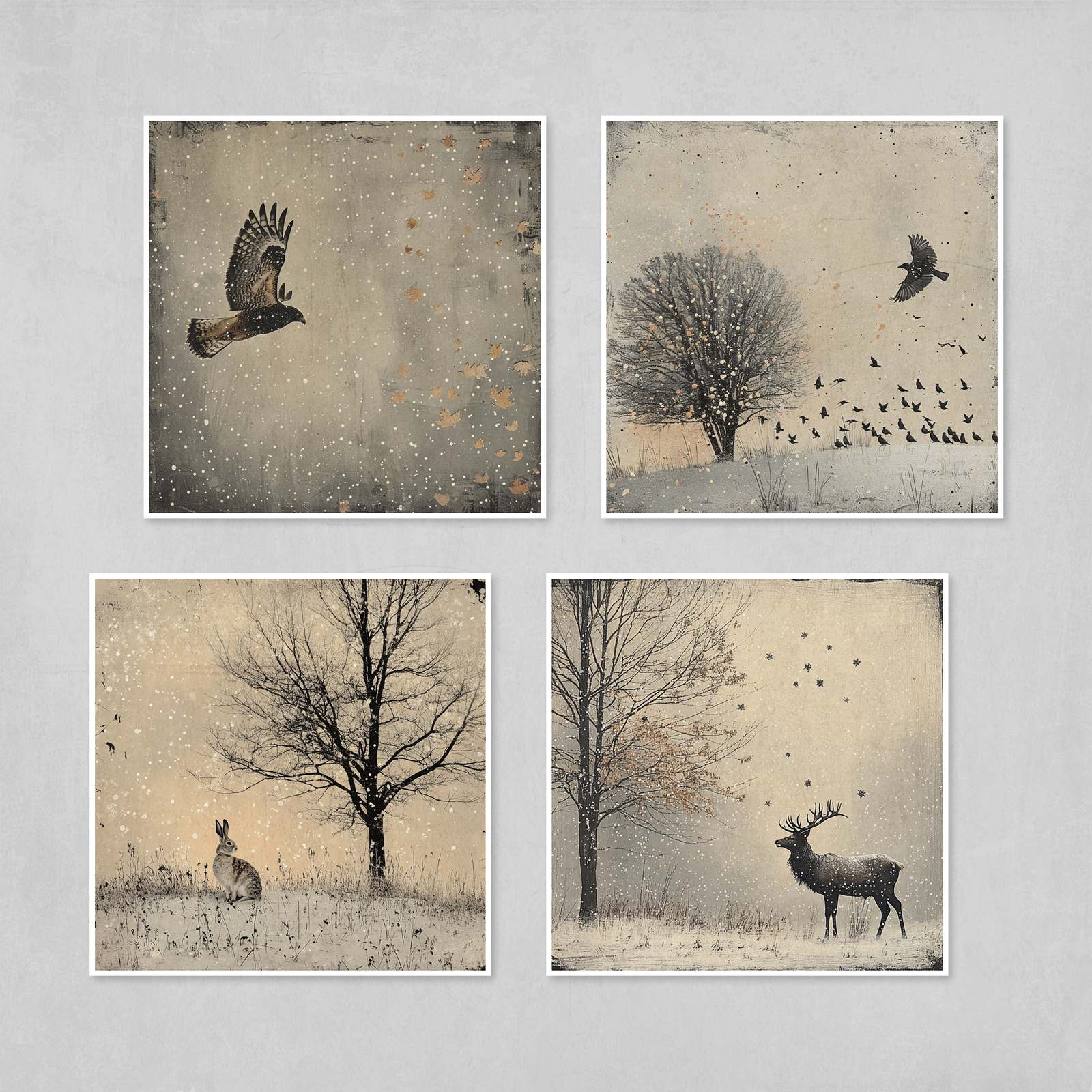 Winter Woodland Animal Wall Art Set of 4 Prints Wildlife Art, Animals