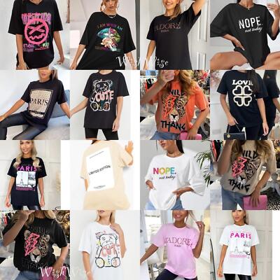 Damen Frauen Oversize Baggy Fit Kurzarm Spruch Bedruckt T-Shirt Tee Tops