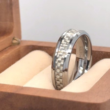 High Polished 6mm Silver Tungsten Carbide Wedding Band Grey Carbon Fiber Inlay