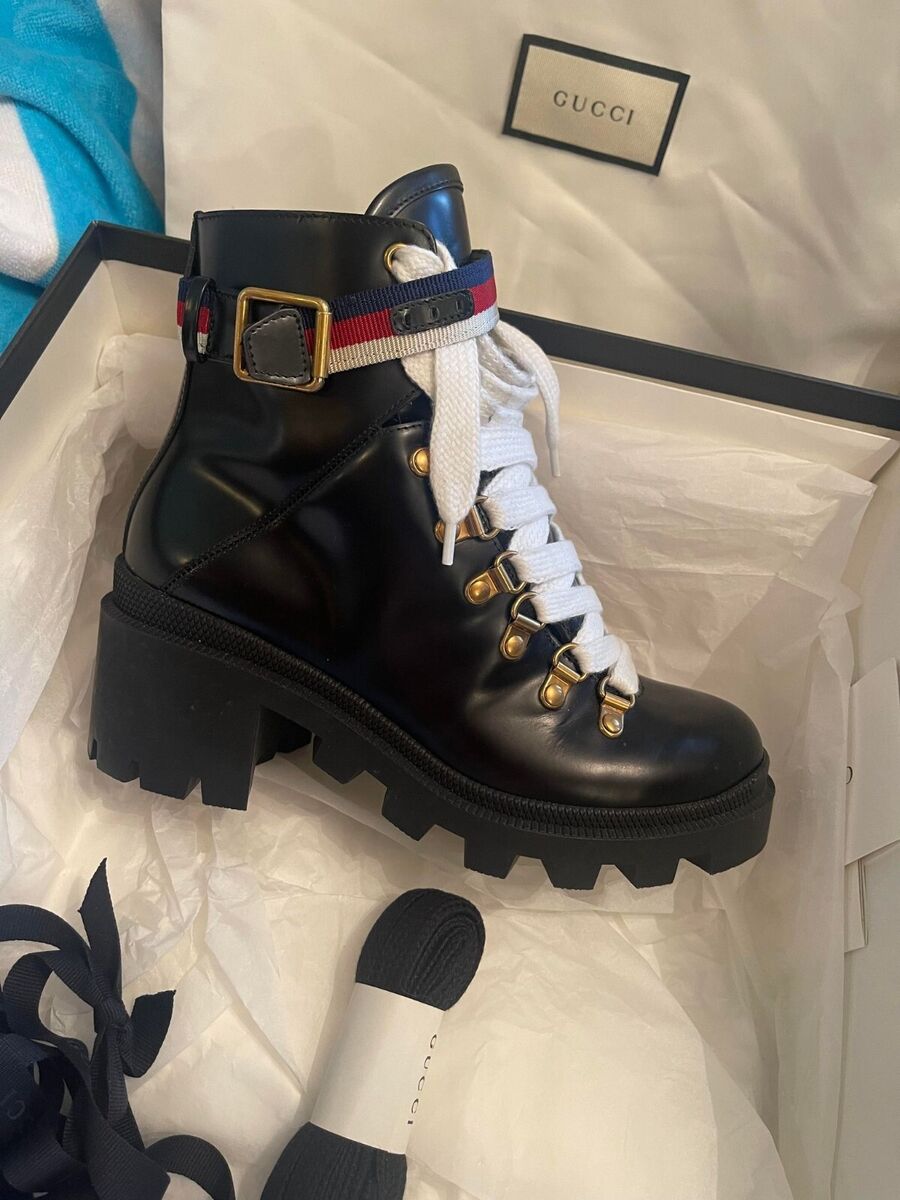 Gucci Leather ankle boot with Sylvie Web Laces Size 35 1/2 Gucci Leather ankle boot with Sylvie Web Laces Size 35 1/2