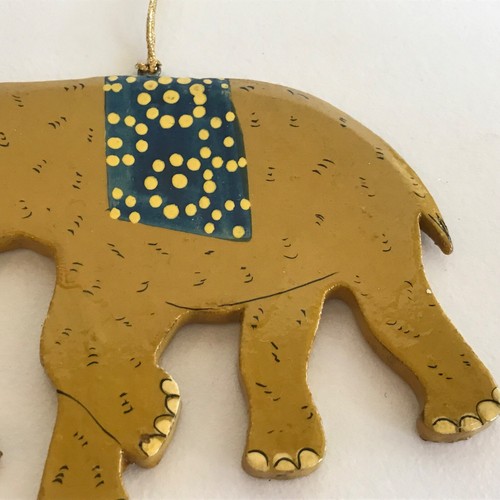 Holz Elefant hängendes Ornament gold und blau ~ 4" Elefant - Bild 9 von 9