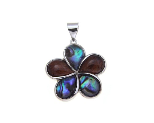 925 Sterling Silver Hawaiian Koa Wood Plumeria Flower Abalone Paua Shell Pendant - Picture 8 of 8