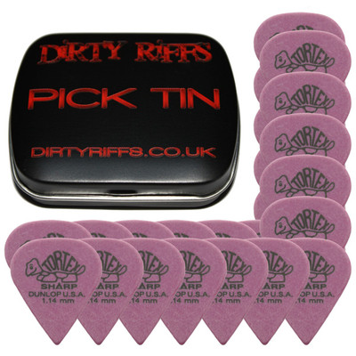 24 x Dunlop Tortex scharfe Gitarren-Plektren/Gitarrenplektren - 1,14 mm lila in einer Plektren-Dose