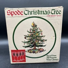 4 Spode Christmas Tree Wine Water Glasses Gold Rim Orig Box 12 oz