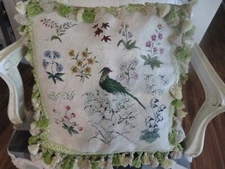 French Aubusson style w Fringe Needlepoint Petite Point Pillow Bird & Flowers