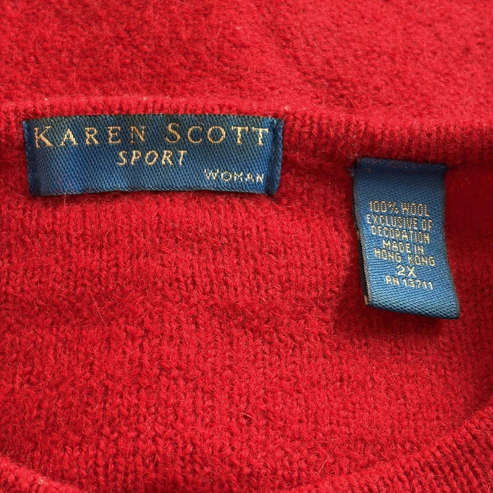 Cárdigan Suéter Karen Scott Lana Árboles de Navidad Coronas Mujer 2X Lentejuelas Rojas Foto 2 de 4