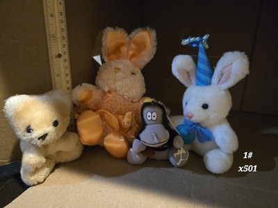 5 Plush Animals. Birthday Bunny. Orange Rabbit. Teddy Bear. Monkey W/ Football