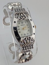 Geneva Watch Women 22mm Case Silver Ornate Textured Bangle Band- New Battery