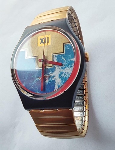 SWATCH gent BLUE FLAMINGO - GN114 - 1991 - New + Free Battery METAL STRAP