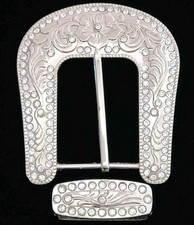 Western Belt Buckle Set Rhinestone Set W/Floral Scrollwork Buckle Fits 1.5" Belt