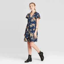 Navy Floral Button-Down Knee Length Dress Juniors Medium NWT