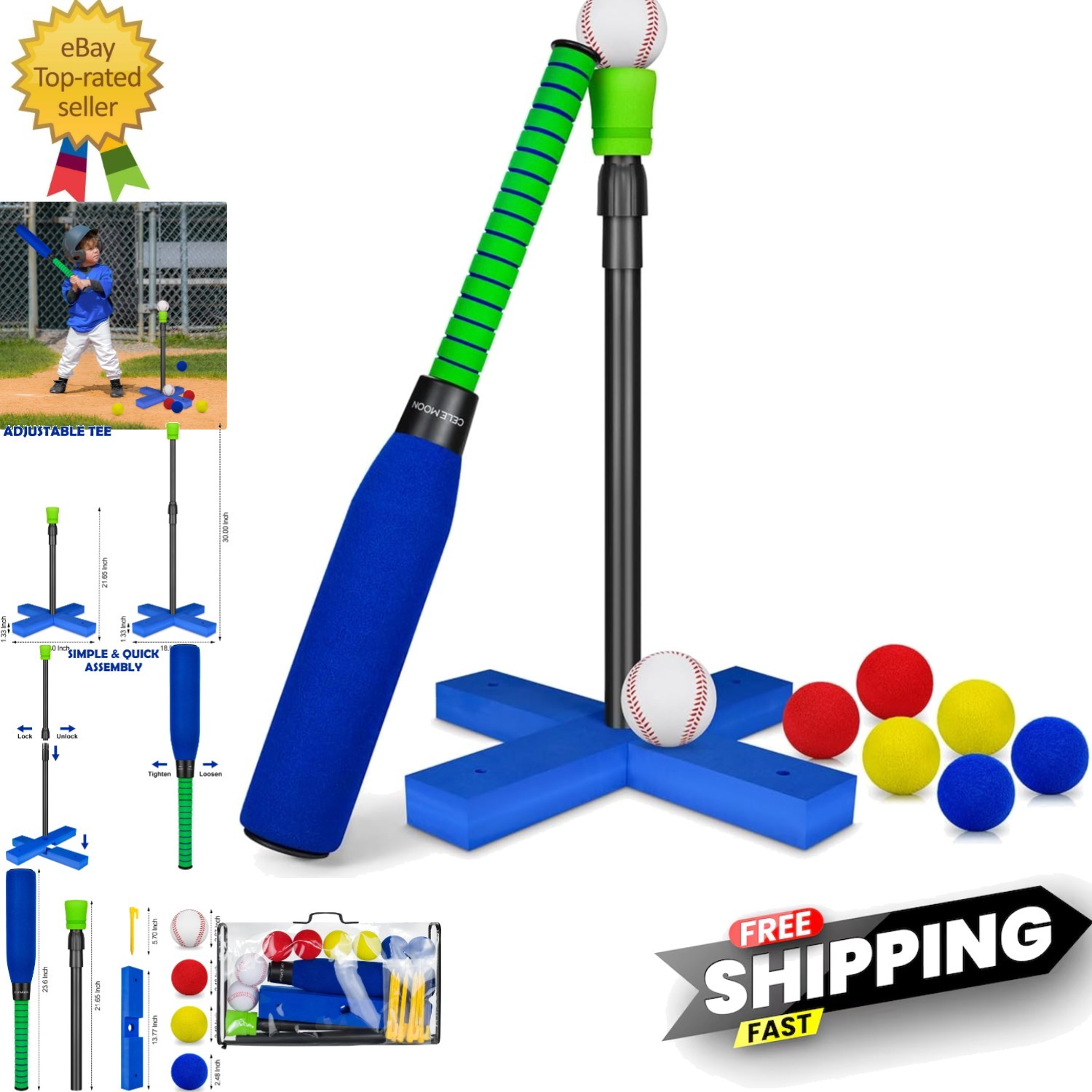 Foam Tball Set for Kids Toddlers 3-5, T Ball Baseball Softball Bat Set Adjust...
