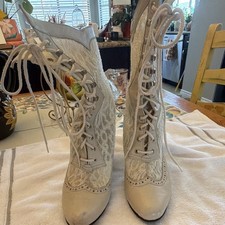 Women s Beige Leather Victorian Mid-Calf Lace-Up Boots Floral Lace Eyelet