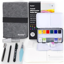 Funto Travel Watercolor Set, 12-Color Paint, 10 Premium Postcards, Brush, Brush