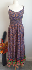 E-VIE Ladies UK10 Blue/ Brown Floral Strappy V Neck Summer Dress