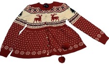 Ralph Lauren Girls Sz 6 Fair Isle reindeer cardigan pom poms Christmas