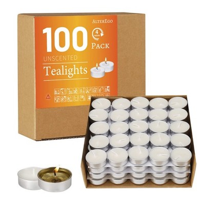 AlterEgo Unscented Tea Lights - 100 Pack Tealight Candles - 4+ Hour Burn Time -